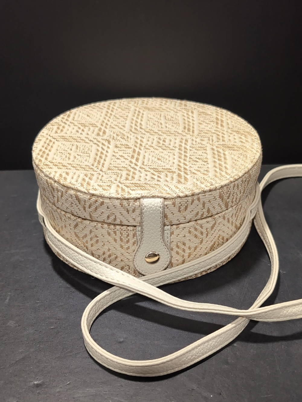 Lionel Javanna Round Cream Circle Woven Crossbody Bag.